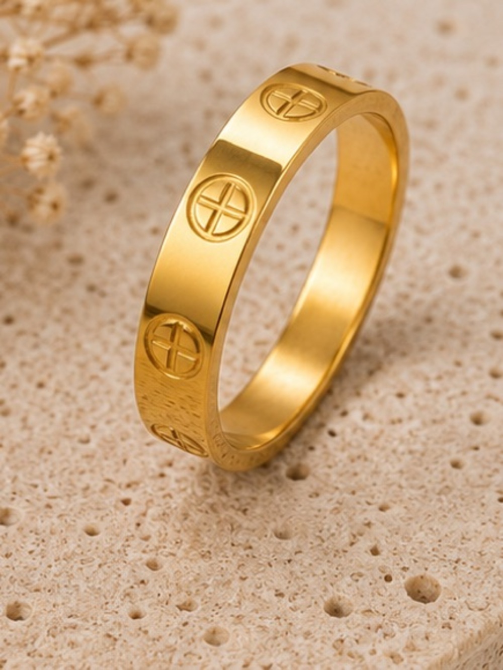 Designer Inspired Gold Engraved Waterproof Stainless Steel Band Ring
